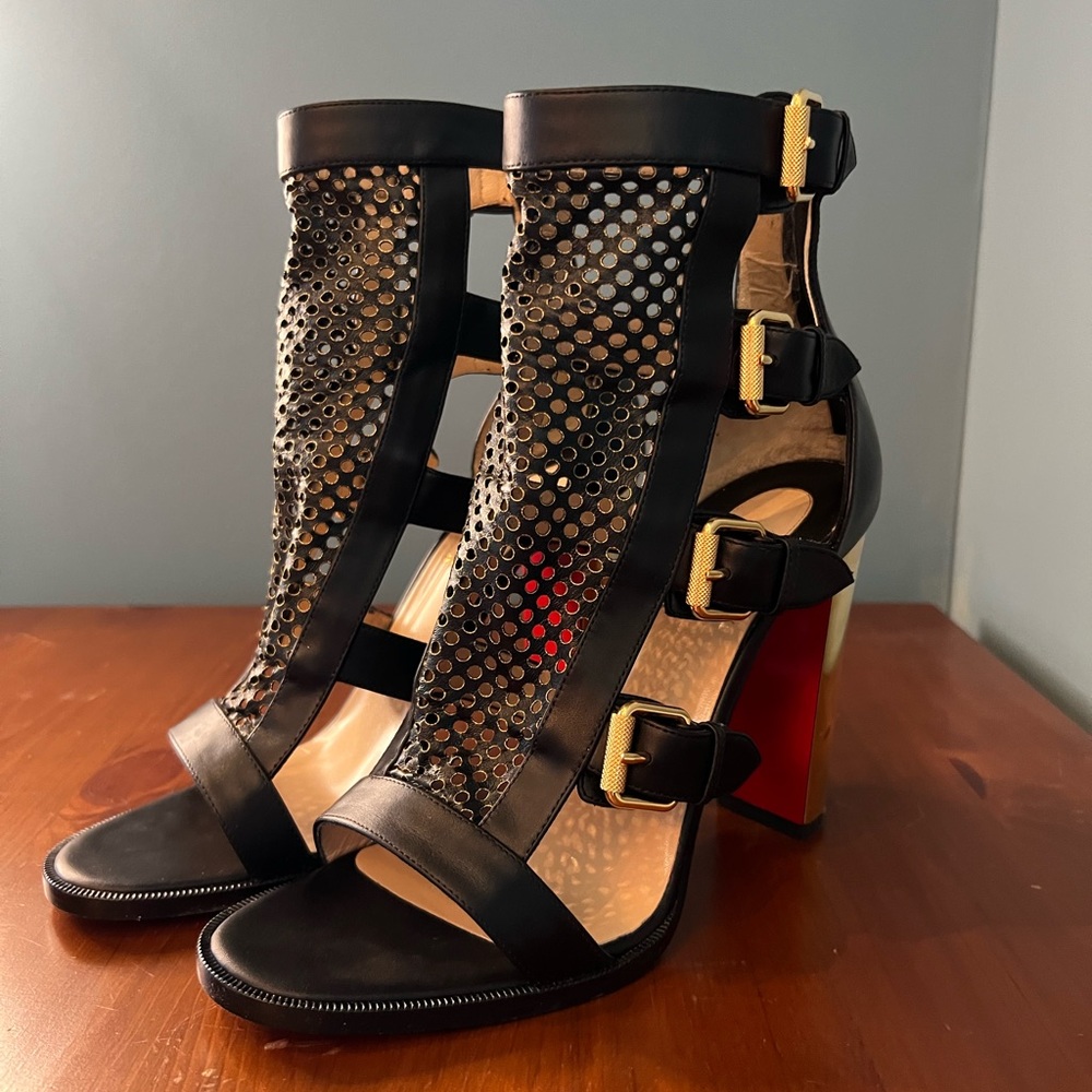 Christian Louboutin Black Gold Chalumeau Calfskin Fencing Sandals Heel Pumps